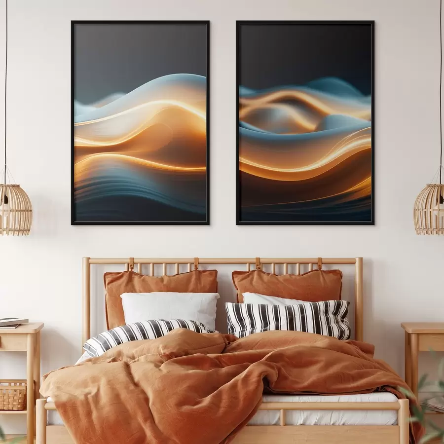 Fototapetes Abstraktas plūstošas formas ar oranžām līnijām, gludas līknes un līnijas, dinamiska kompozīcija, tumšs fons d00526