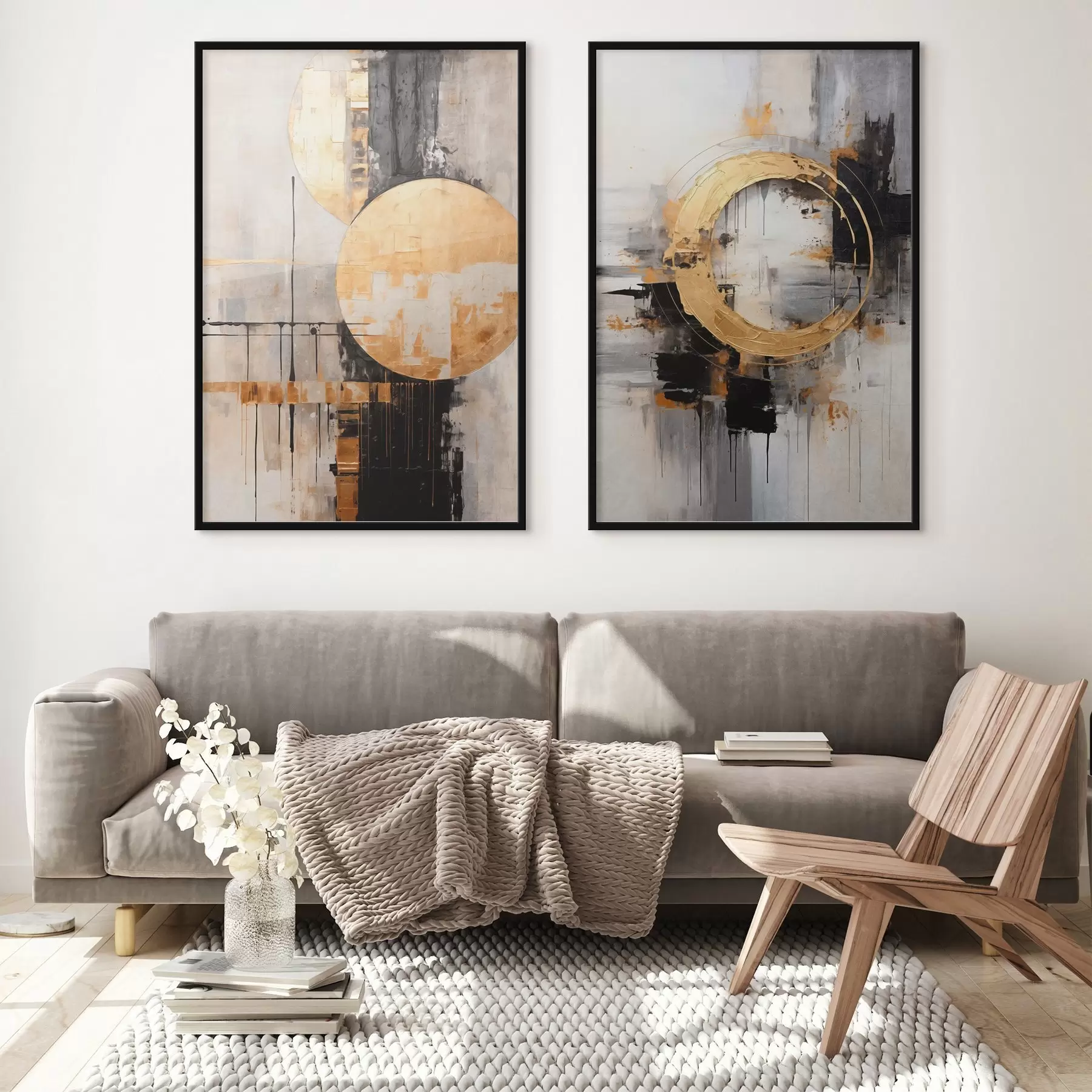 Fototapetes Abstrakta glezna ar apļiem, melnām un dzeltenām līnijām un fonu ar pelēkiem un baltiem toņiem d00527