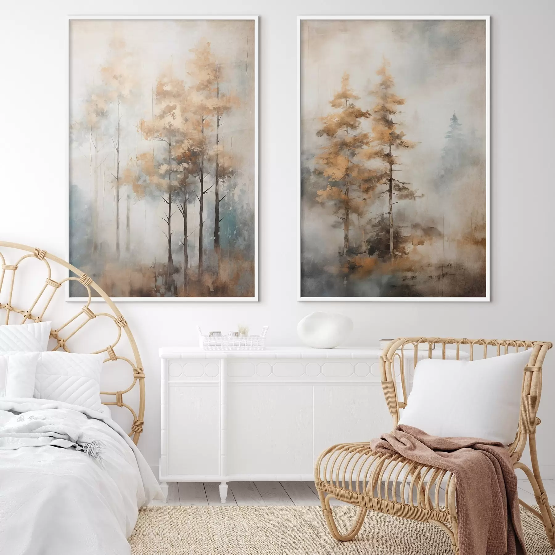 Fototapetes Teksturēti augsti koki ar dzeltenām lapām mežā , fons ir maigu zilu un brūnu toņu sajaukums d00528