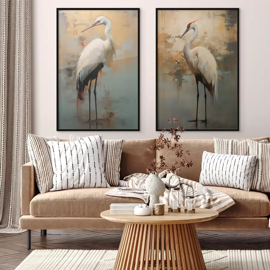 Fototapetes Balts gārnis uz dzeltenas, brūnas un zilas krāsas fona, kas atgādina miglainu, abstraktu ainavu d00530