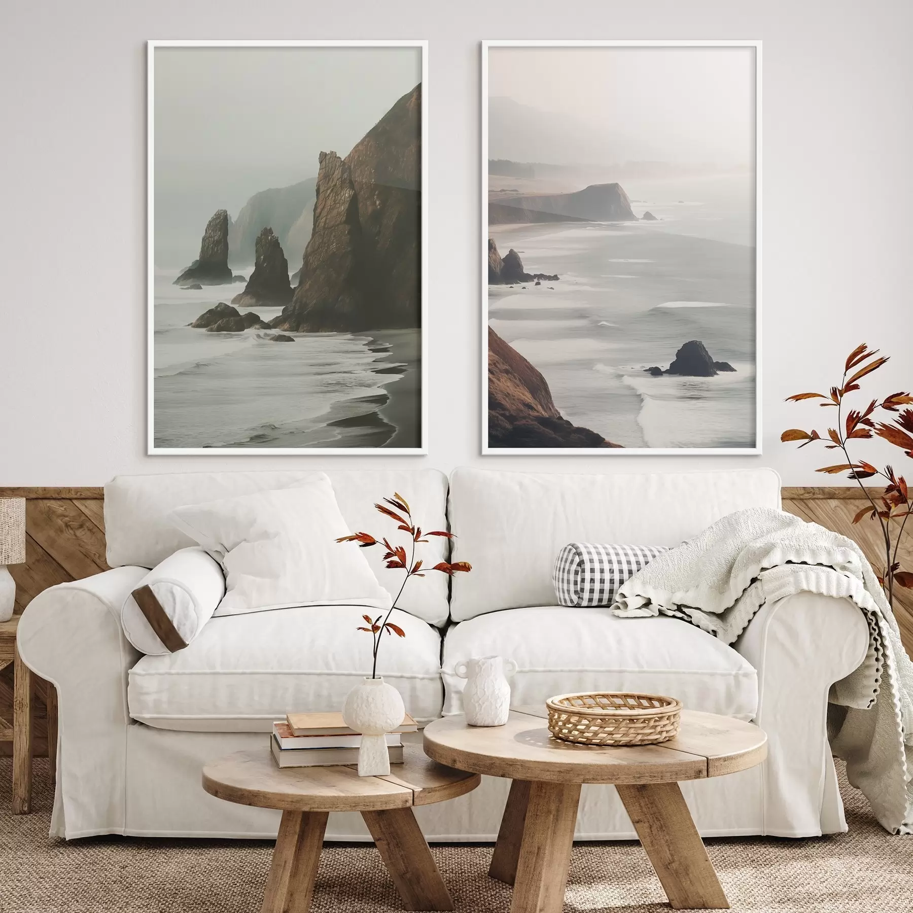 Fototapetes Akmeņainas klintis un jūras piekraste, viļņi, kas saduras krastā, ainava ar noskaņu atmosfēru, zemes toņi d00531