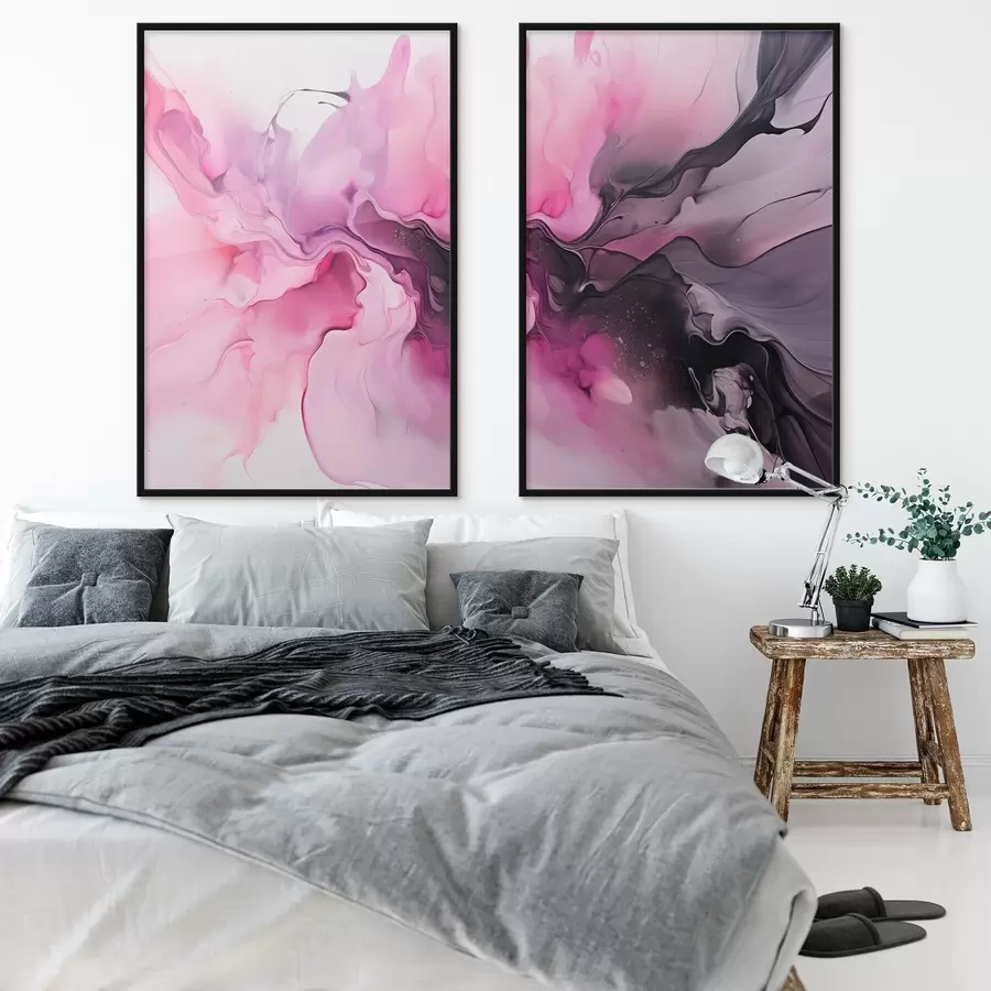 Fototapetes Sārti, violeti un melni abstraktie virpuļi saplūst kopā plūstošā, organiskā kompozīcijā, radot kustības sajūtu d00532