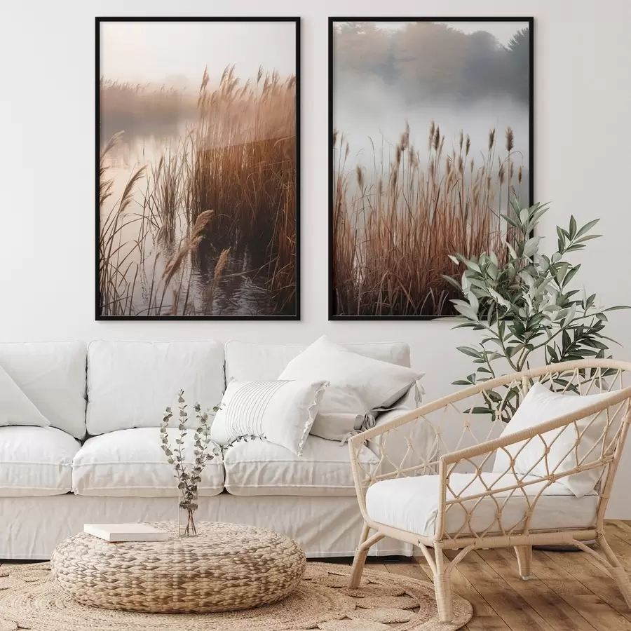 Fototapetes Augsti niedres, kas aug ūdenstilpē, ūdens atspoguļo niedres, miglains fons, maiga gaisma, dabas skats d01008