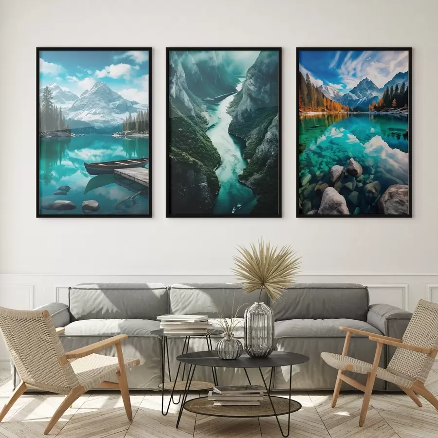 Fototapetes Alpu ezeri un fjordu skati vēsās zilozaļās toņos d00961