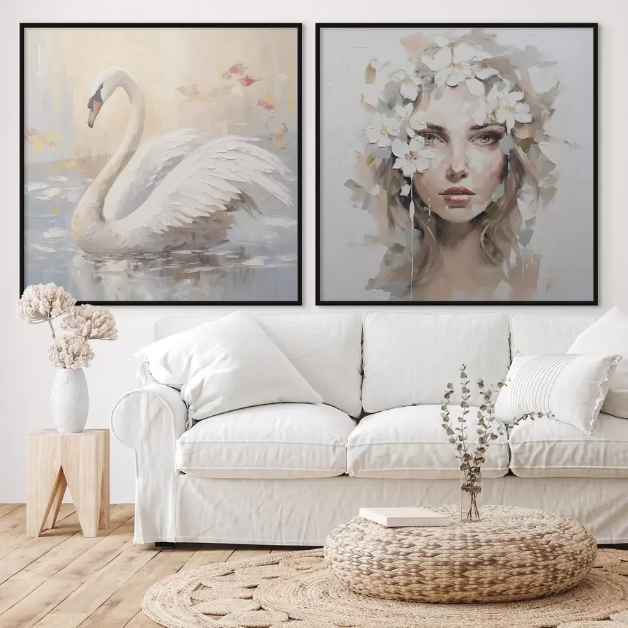 Fototapetes Pūce un meitenes portrets, imitācijas glezna d01030