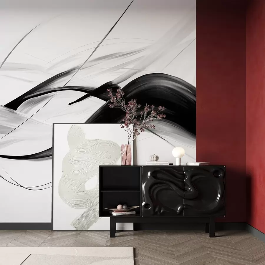 Fototapetes Abstraktas melnbaltas otas triepieni ar plānām līnijām, kas veido modernu dizainu uz gaiša fona w09605