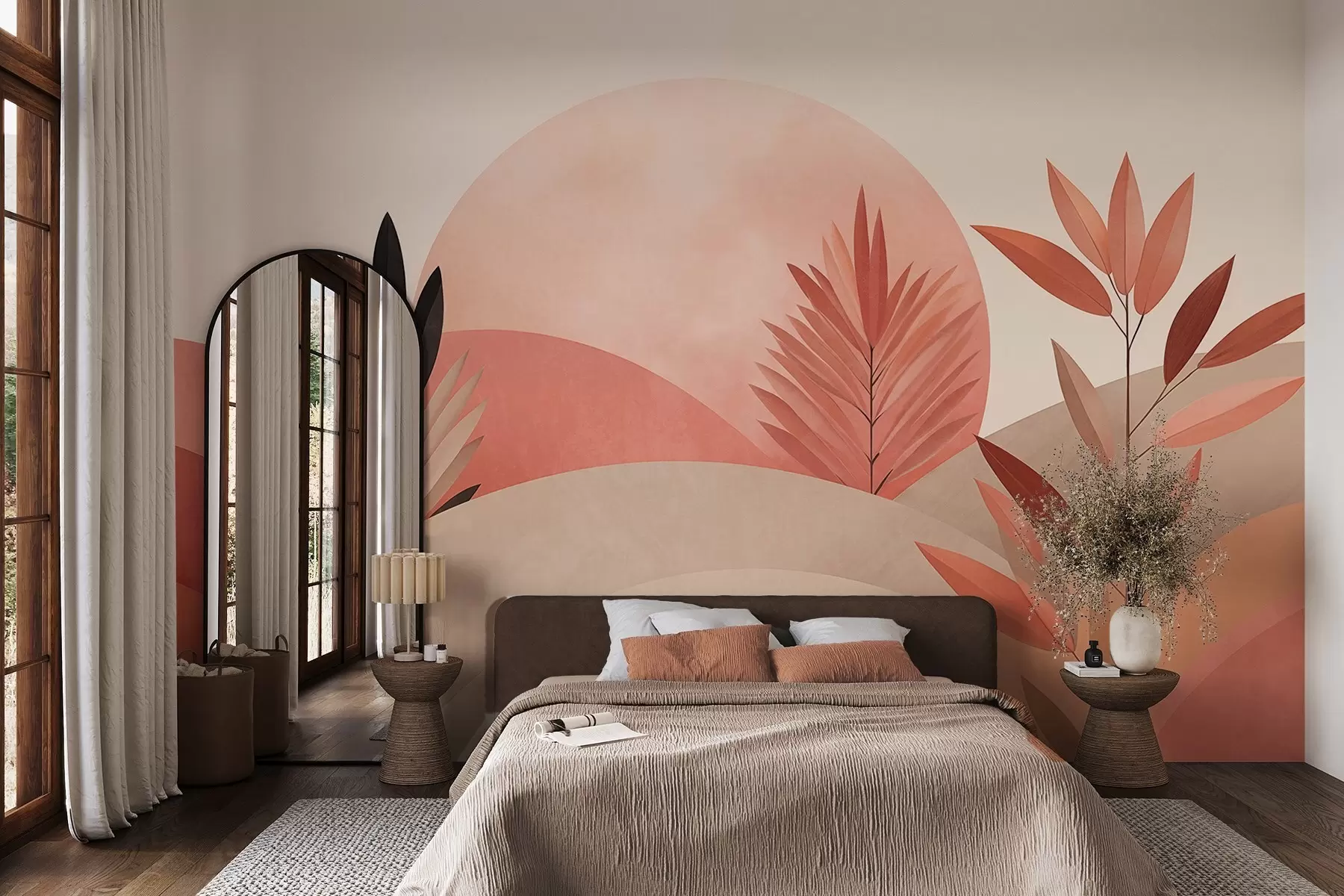 Fototapetes Abstrakts boho ainava, saule aiz līdzenām pakalnu grēdām, augi priekšplānā, minimālisma stils, faktūru, klusinātas krāsas w09608