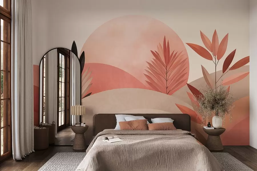 Fototapetes Abstrakts boho ainava, saule aiz līdzenām pakalnu grēdām, augi priekšplānā, minimālisma stils, faktūru, klusinātas krāsas w09608