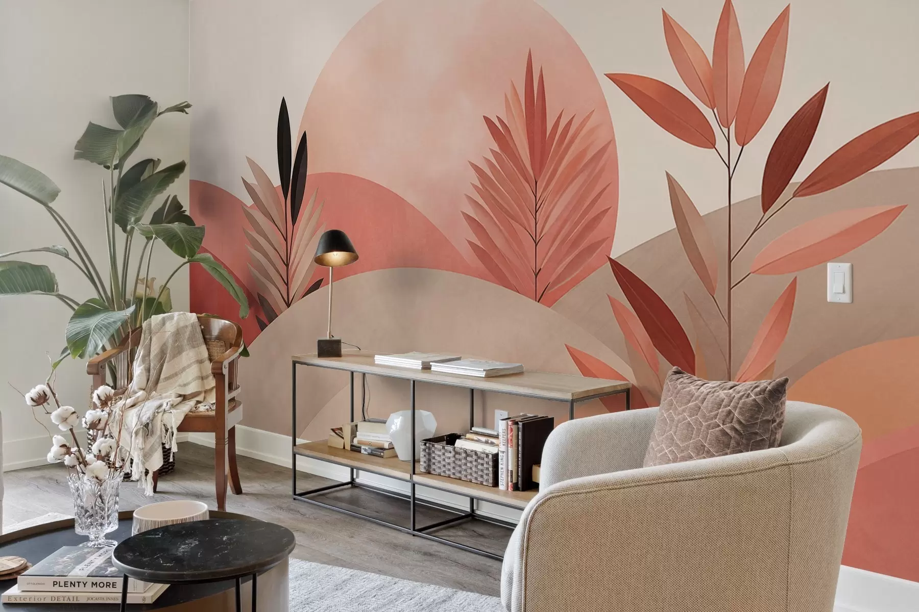 Fototapetes Abstrakts boho ainava, saule aiz līdzenām pakalnu grēdām, augi priekšplānā, minimālisma stils, faktūru, klusinātas krāsas w09608