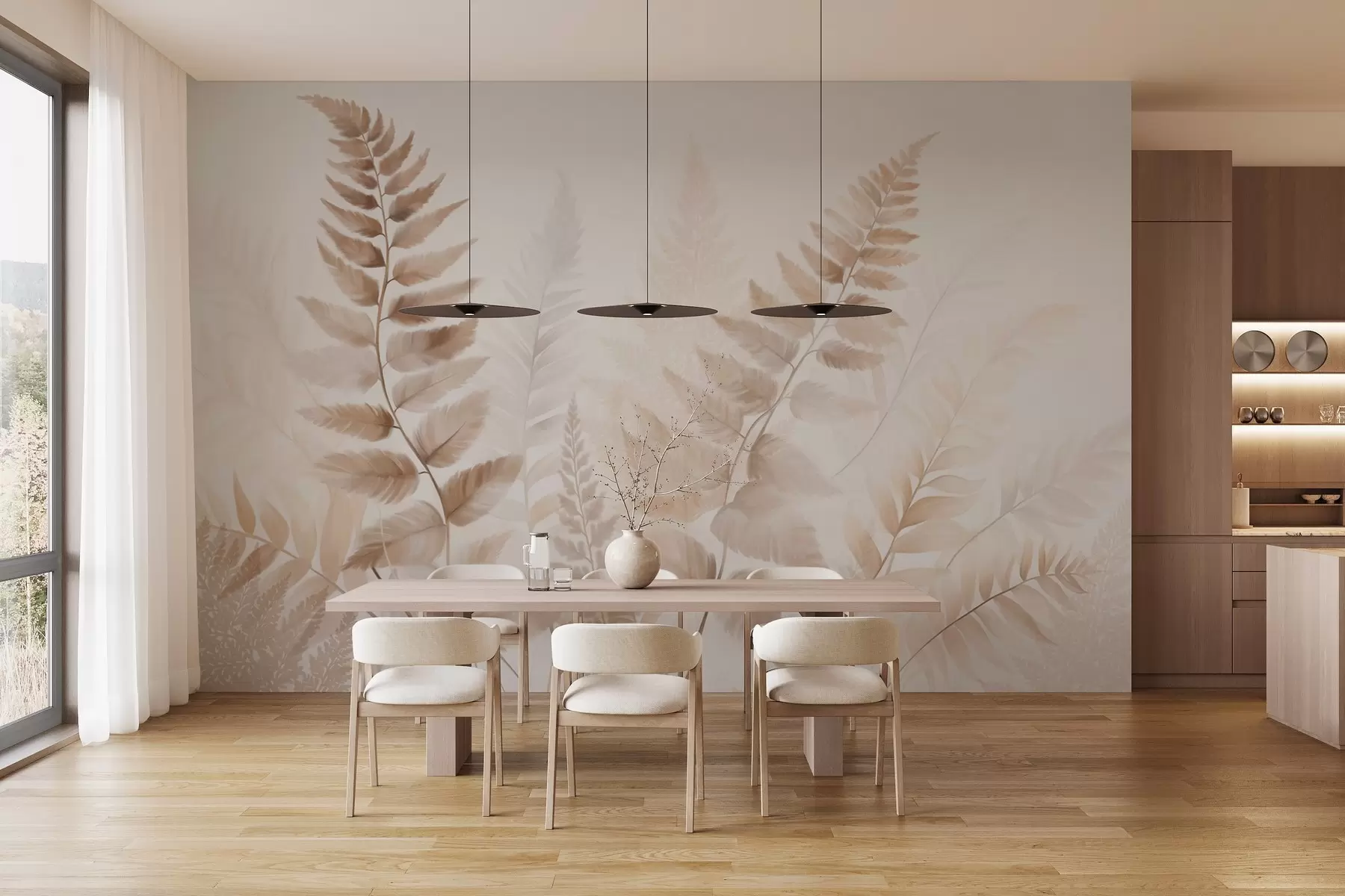 Fototapetes Teksturēti žāvēti papardes lapas dažādos brūnos toņos, ar maigu, gaišu fonu akvareļa stilā w09615