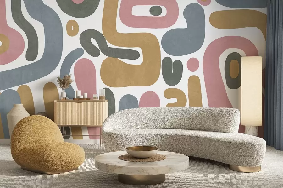 Fototapetes Abstraktas faktūru formas pasteļrozā, klusināti zilā, sinepju dzeltenā un pelēkā krāsā uz balta fona – modernā māksla w09620