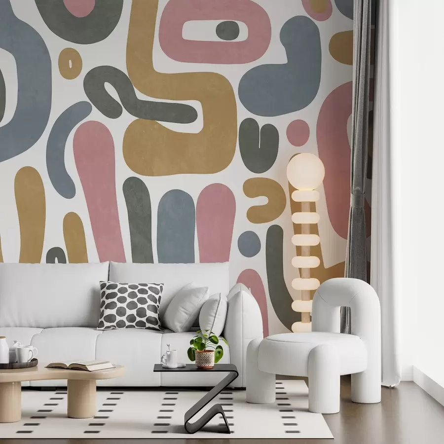 Fototapetes Abstraktas faktūru formas pasteļrozā, klusināti zilā, sinepju dzeltenā un pelēkā krāsā uz balta fona – modernā māksla w09620