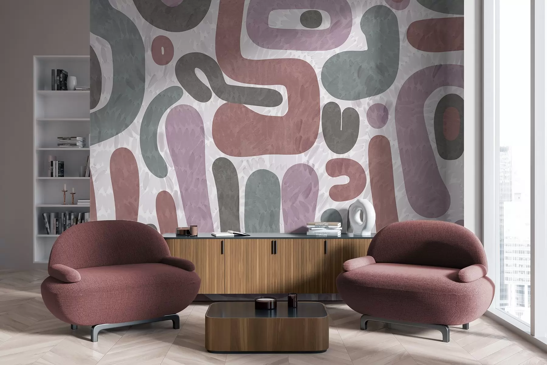 Fototapetes Abstraktas faktūru formas klusinātos rozā, zaļos un pelēkos toņos uz faktūru fona modernā māksla w09622