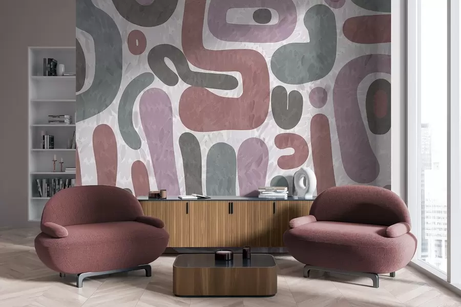 Fototapetes Abstraktas faktūru formas klusinātos rozā, zaļos un pelēkos toņos uz faktūru fona modernā māksla w09622