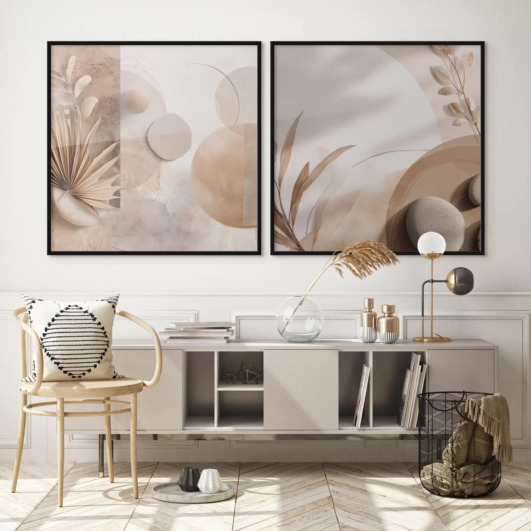 Fototapetes Divas gleznas ar žāvētām lapām un faktūru formām d00893