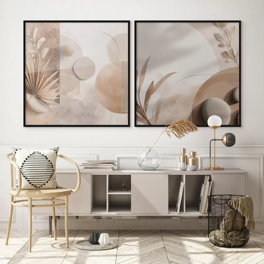 Fototapetes Divas gleznas ar žāvētām lapām un faktūru formām d00893