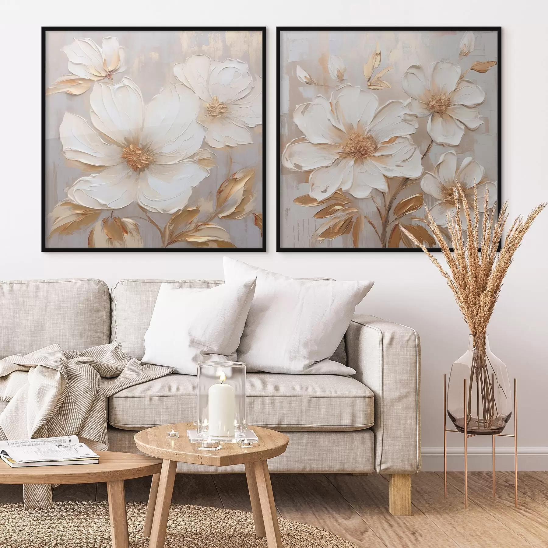 Fototapetes Diptihs ar lieliem ziediem gaišās, siltās krāsās d00927