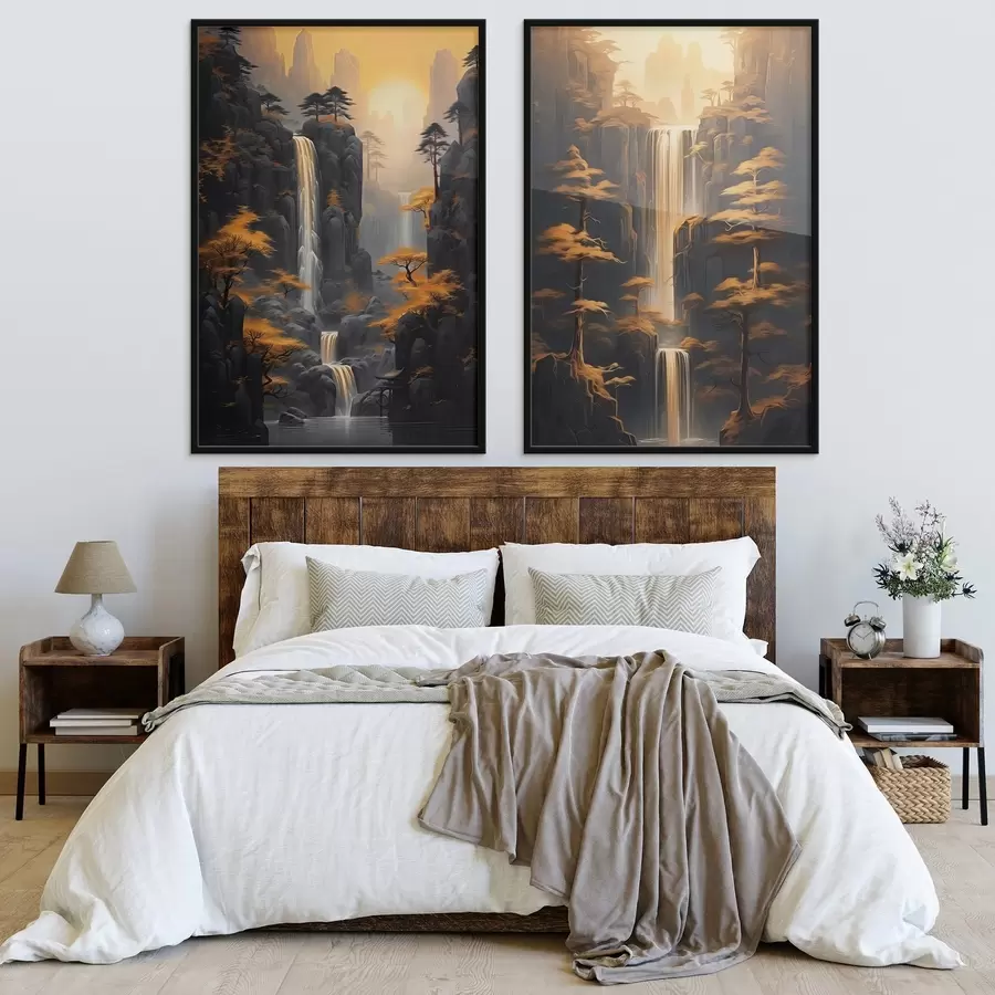 Fototapetes Ainava ar ūdenskritumu un kalniem zelta gaismā d00928