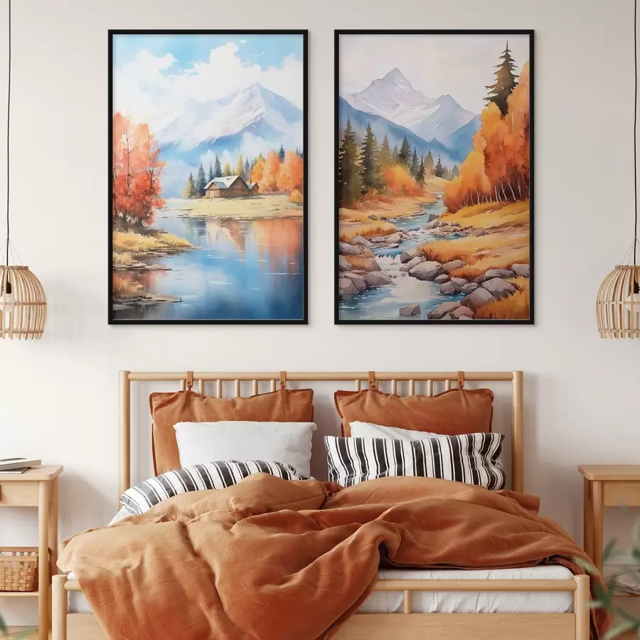 Fototapetes Rudens kalnu ainava ar ezeru un upi d00929