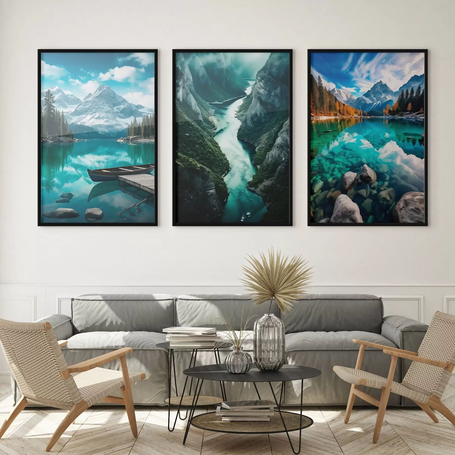 Fototapetes Alpu ezeri un fjordu skati vēsās zilozaļās toņos d00961