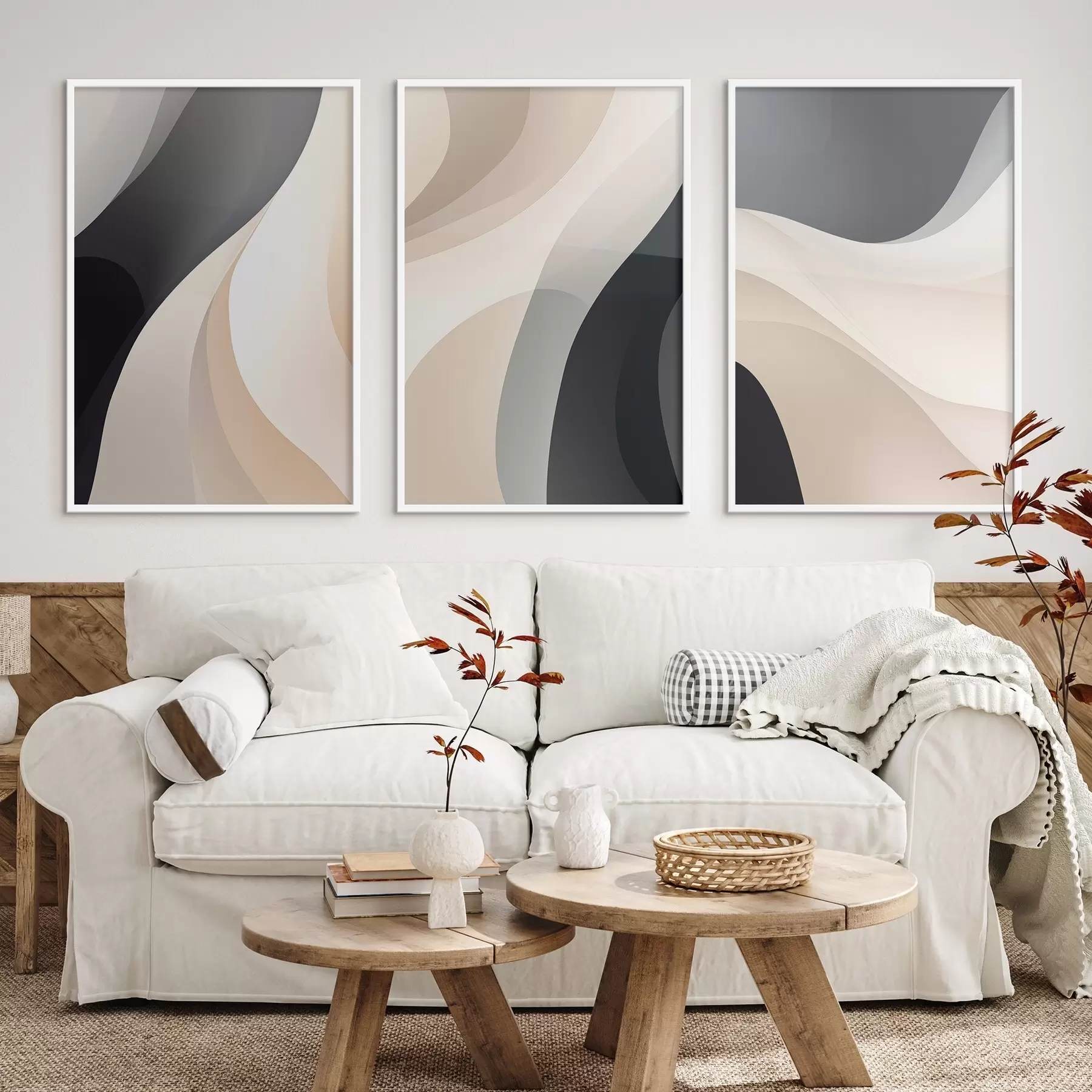 Fototapetes Minimālas plūstošas līknes krēmkrāsā, pelēkbrūnā un melnā krāsā d00962