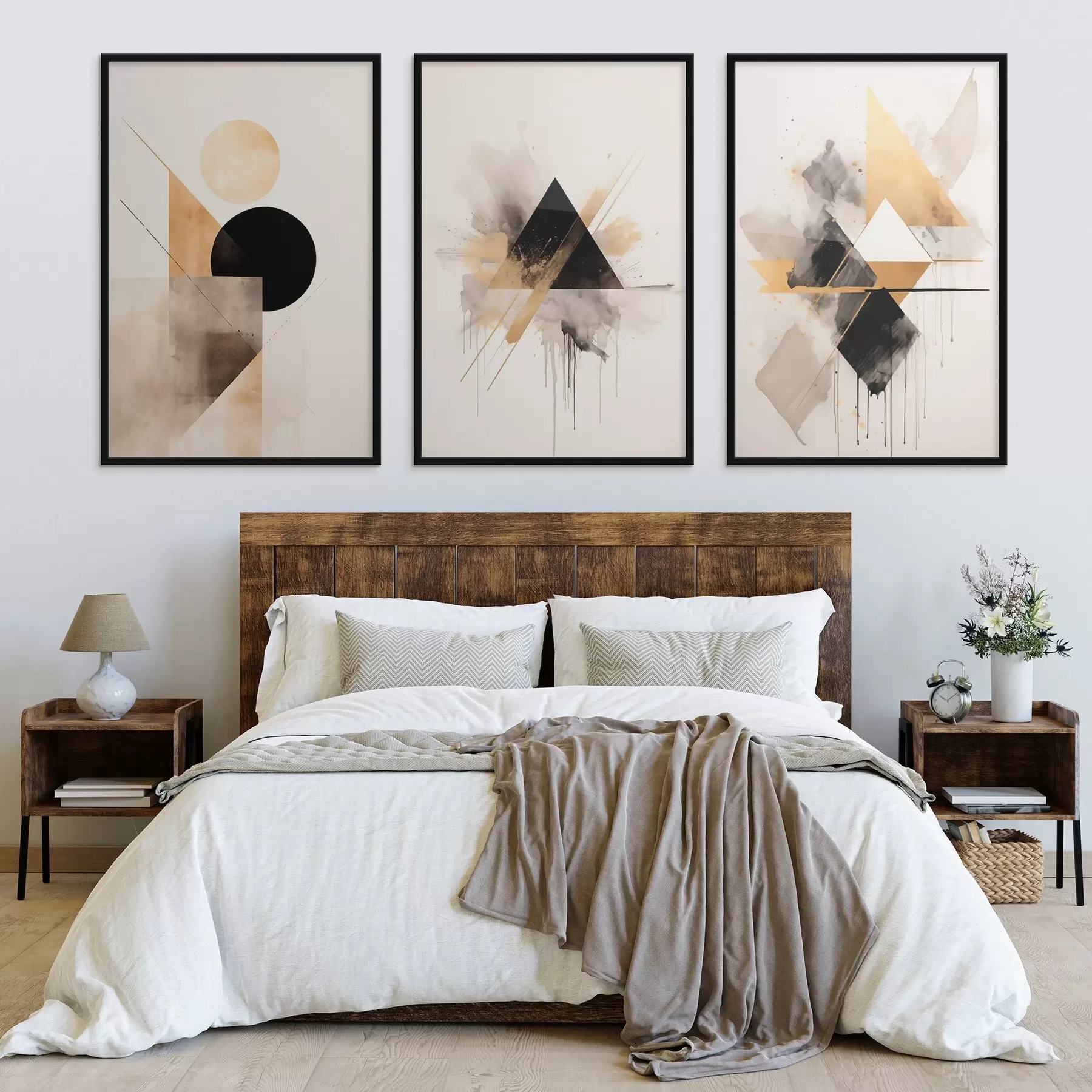 Fototapetes Ģeometriski trīsstūri ar tintes šļakatām, melnā un okera krāsā d00963