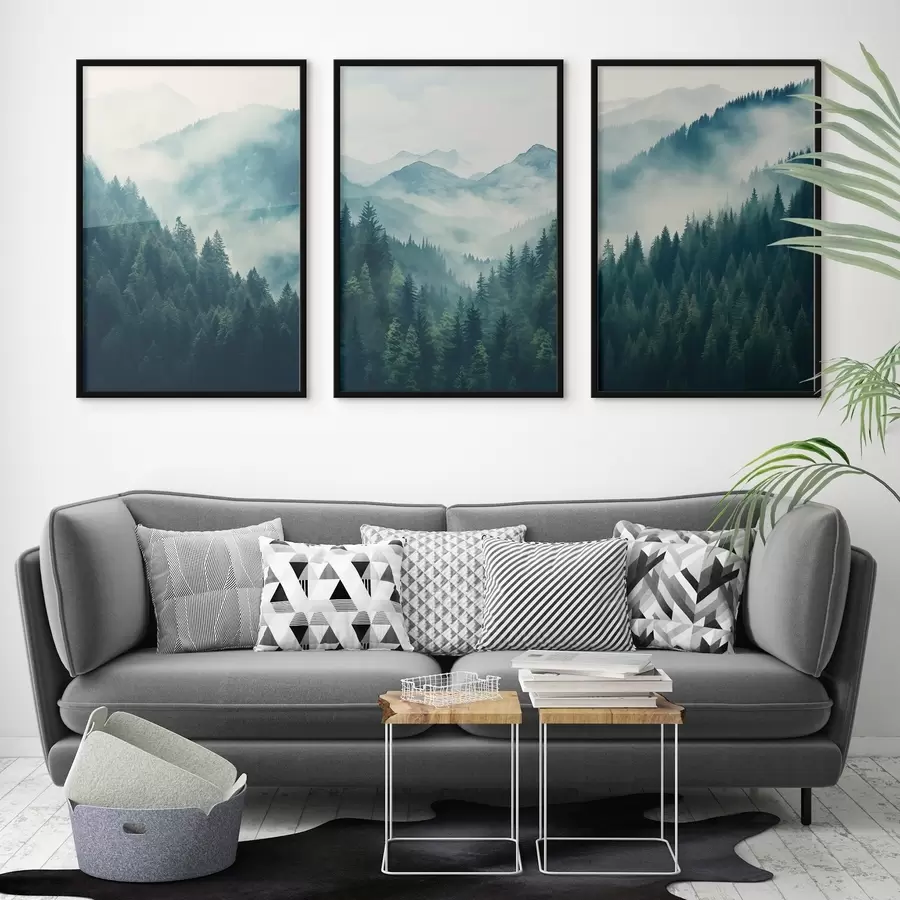 Fototapetes Miglas apklāti priežu kalni, kas pārklāti ar maigām zaļām un zilām krāsām d00964