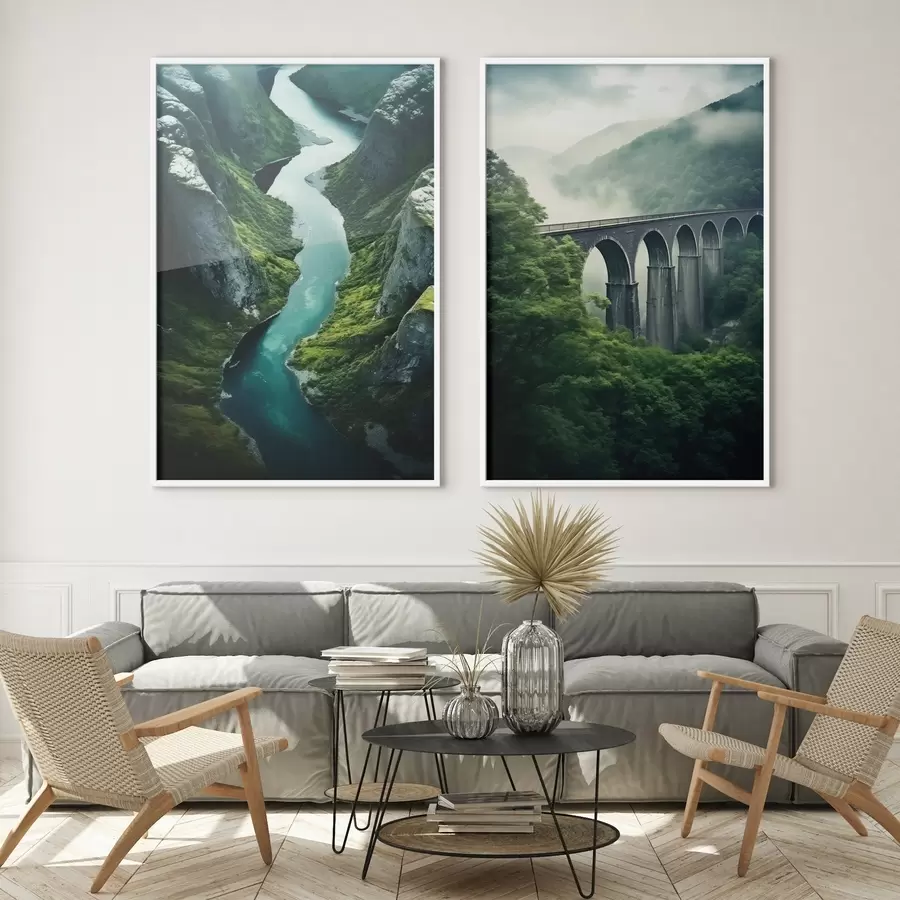 Fototapetes Gaisa upes kanjons un miglains viadukts zaļajos kalnos d00967