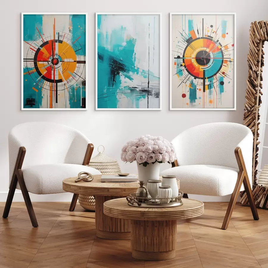 Fototapetes Radialais abstrakts ar zaļgani zilganiem un oranžiem izlaušanos d00973