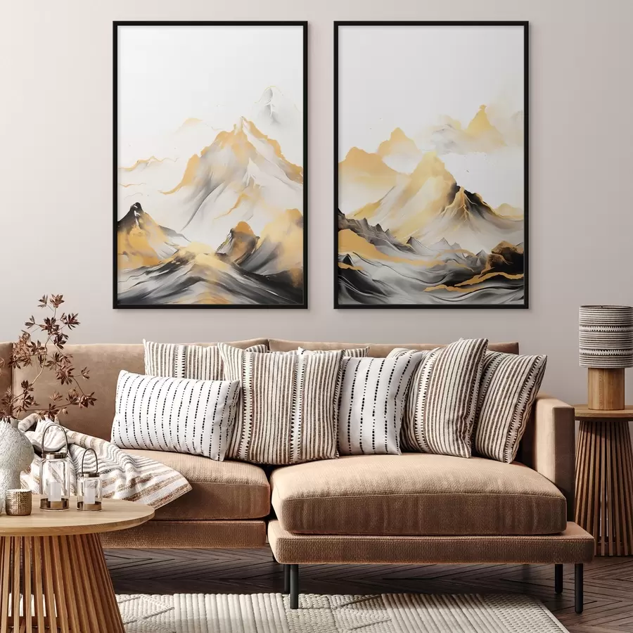 Fototapetes Teksturēti dzelteni un melni kalni ar sniegotiem virsotnēm, tušas gleznojuma stils, minimālisma stila kalnu grēda d01002