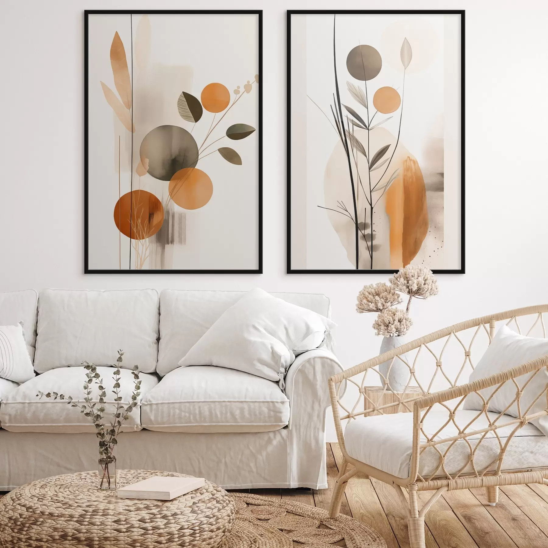 Fototapetes Abstrakta glezna ar oranžiem un pelēkiem apļiem, lapām un zariem, modernā stilā, akvareļa efekts d01009