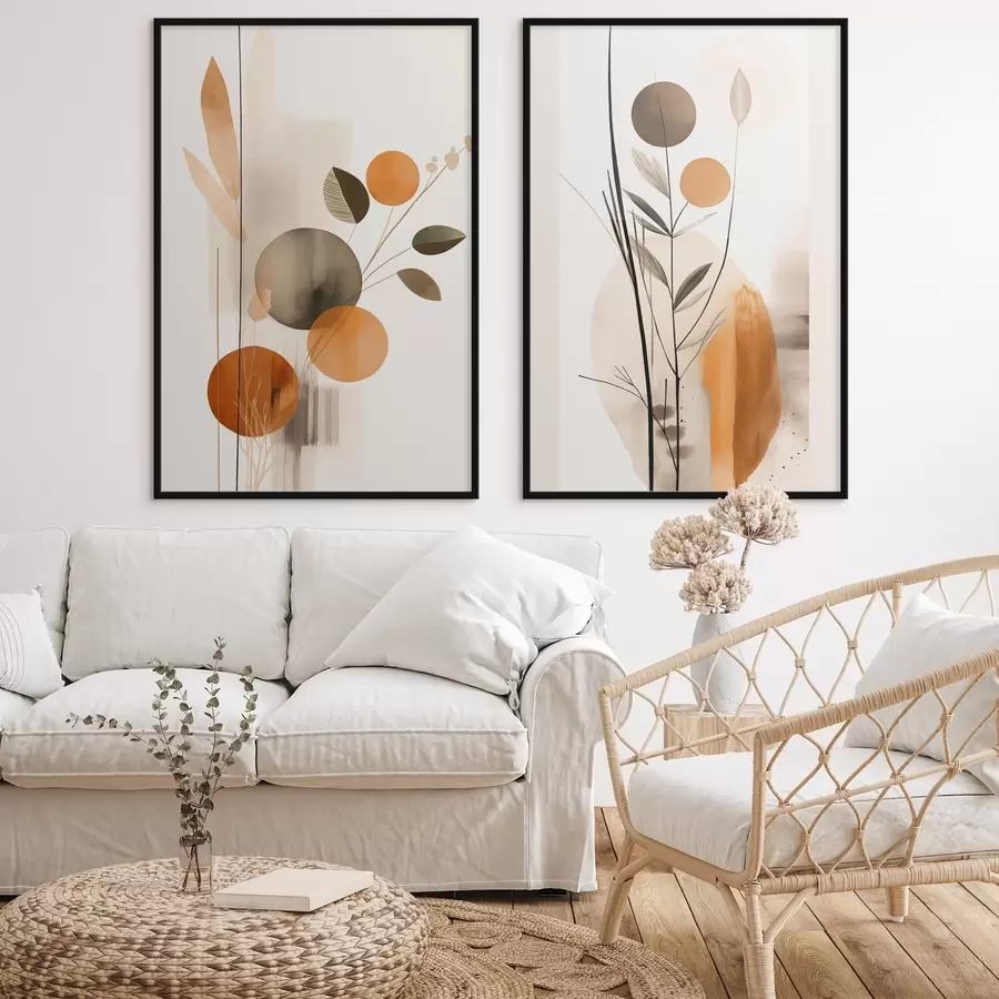 Fototapetes Abstrakta glezna ar oranžiem un pelēkiem apļiem, lapām un zariem, modernā stilā, akvareļa efekts d01009