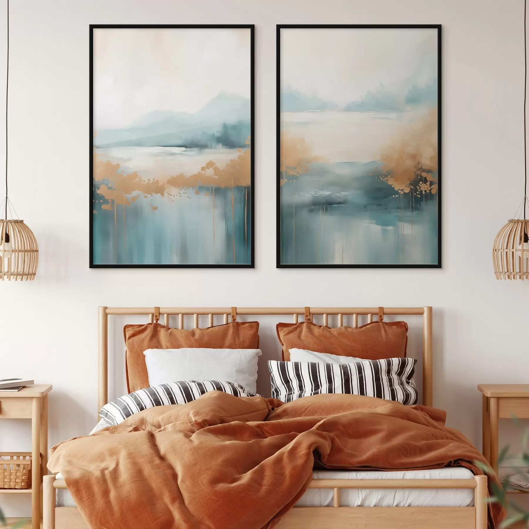 Fototapetes Abstrakts ainavas ar kalniem un ezeru zilgani zaļā un teksturētā dzeltenā krāsā, maigi otas triepieni, minimālisma mākslas darbs d01012