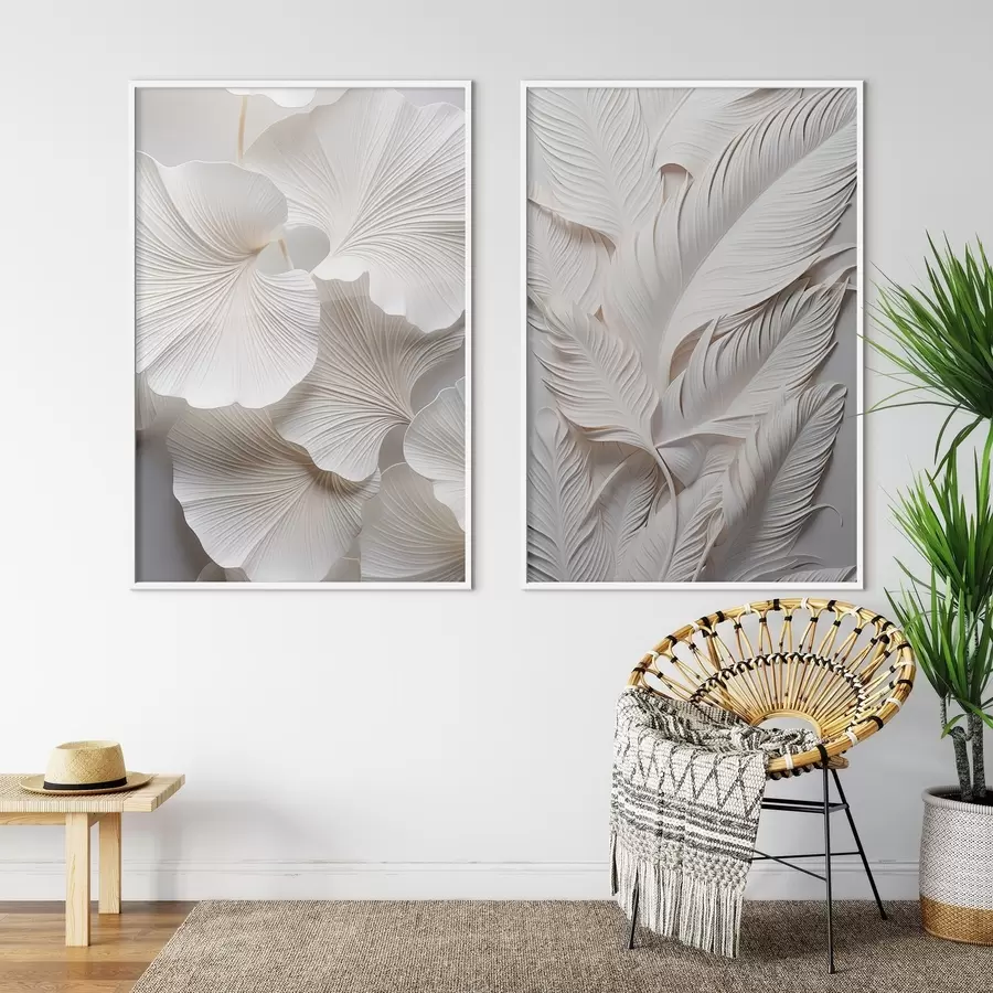 Fototapetes Baltas ginkgo lapas un garas lapas ar sarežģītiem detaļiem, radot teksturētu un slāņveida efektu, minimālisma māksla d01013