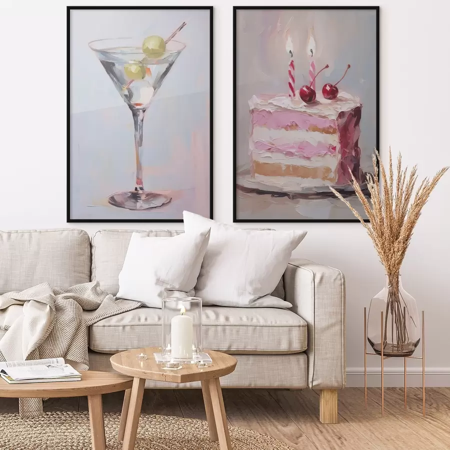 Fototapetes Stikla glāze ar dzērienu un gabaliņu kūkas imitācijas glezna d01019