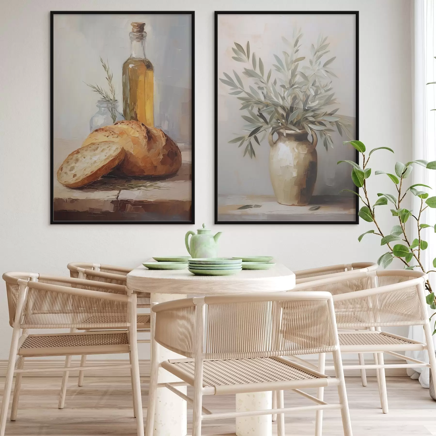 Fototapetes Olīvu zari vāzē, maize un eļļas pudele, imitācijas glezna d01035