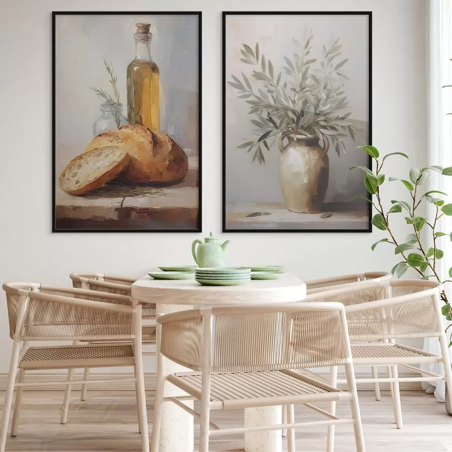 Fototapetes Olīvu zari vāzē, maize un eļļas pudele, imitācijas glezna d01035