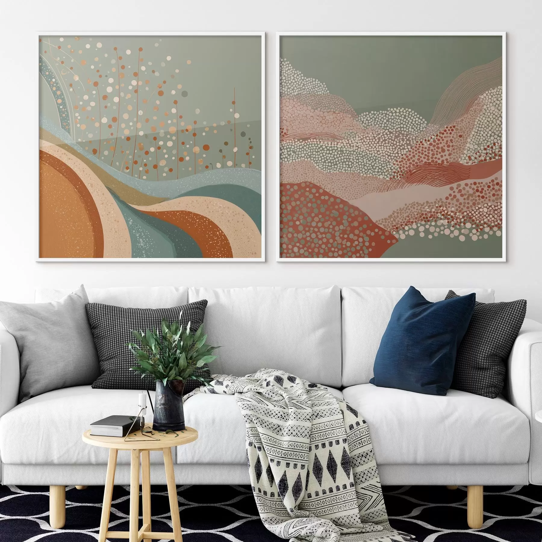 Fototapetes Divdaļīgs abstrakts ainavas attēls ar punktveida un viļņveida elementiem d00987