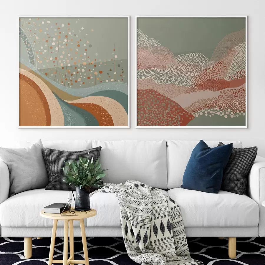 Fototapetes Divdaļīgs abstrakts ainavas attēls ar punktveida un viļņveida elementiem d00987