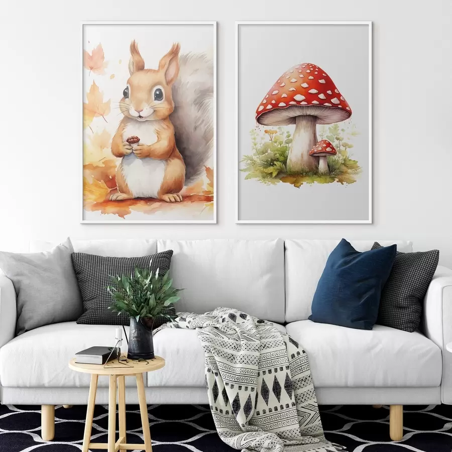 Fototapetes Vāvere un meža sēne, mušmiris, imitācija akvareļgleznojums d01049