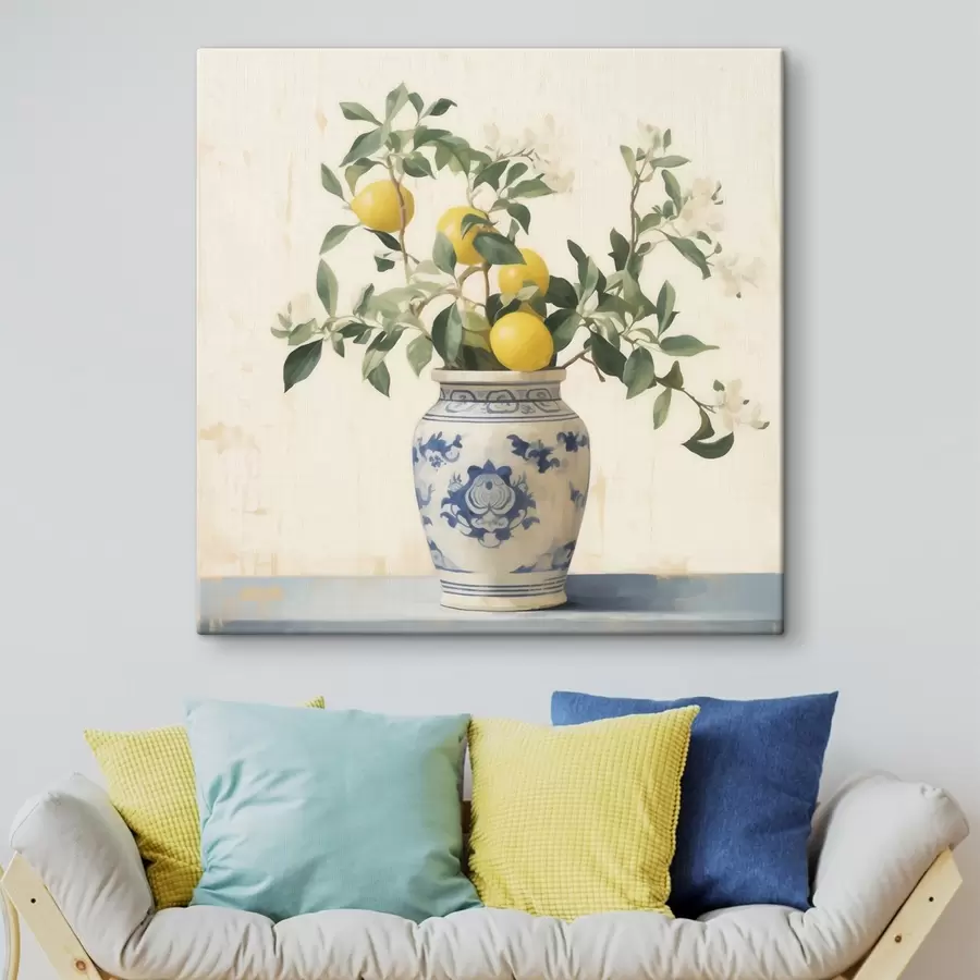 Glezna Citroni zils-balta keramikas vāzē eļļas gleznas stilā s46924