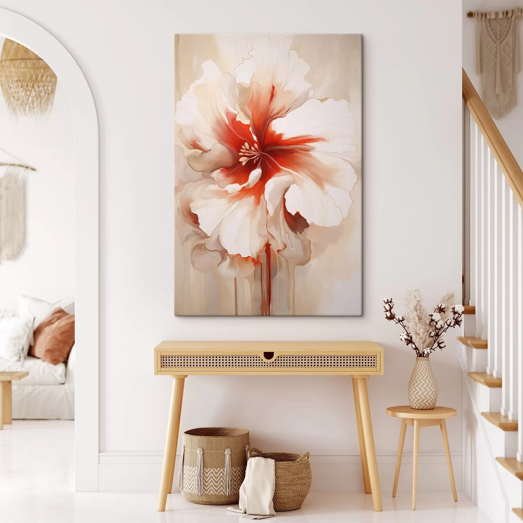 Glezna Tuva uzņēmuma balta un sarkana zieda ar puscaurspīdīgiem ziedlapiem un plūstošiem krāsas pilieniem s46941