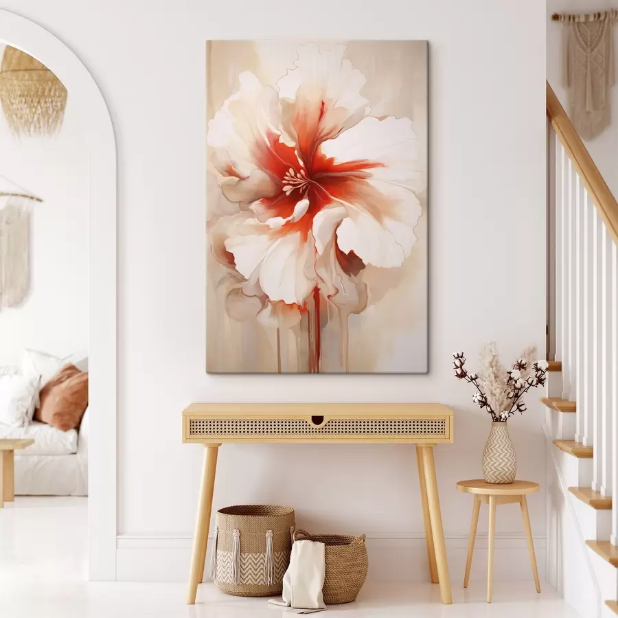 Glezna Tuva uzņēmuma balta un sarkana zieda ar puscaurspīdīgiem ziedlapiem un plūstošiem krāsas pilieniem s46941