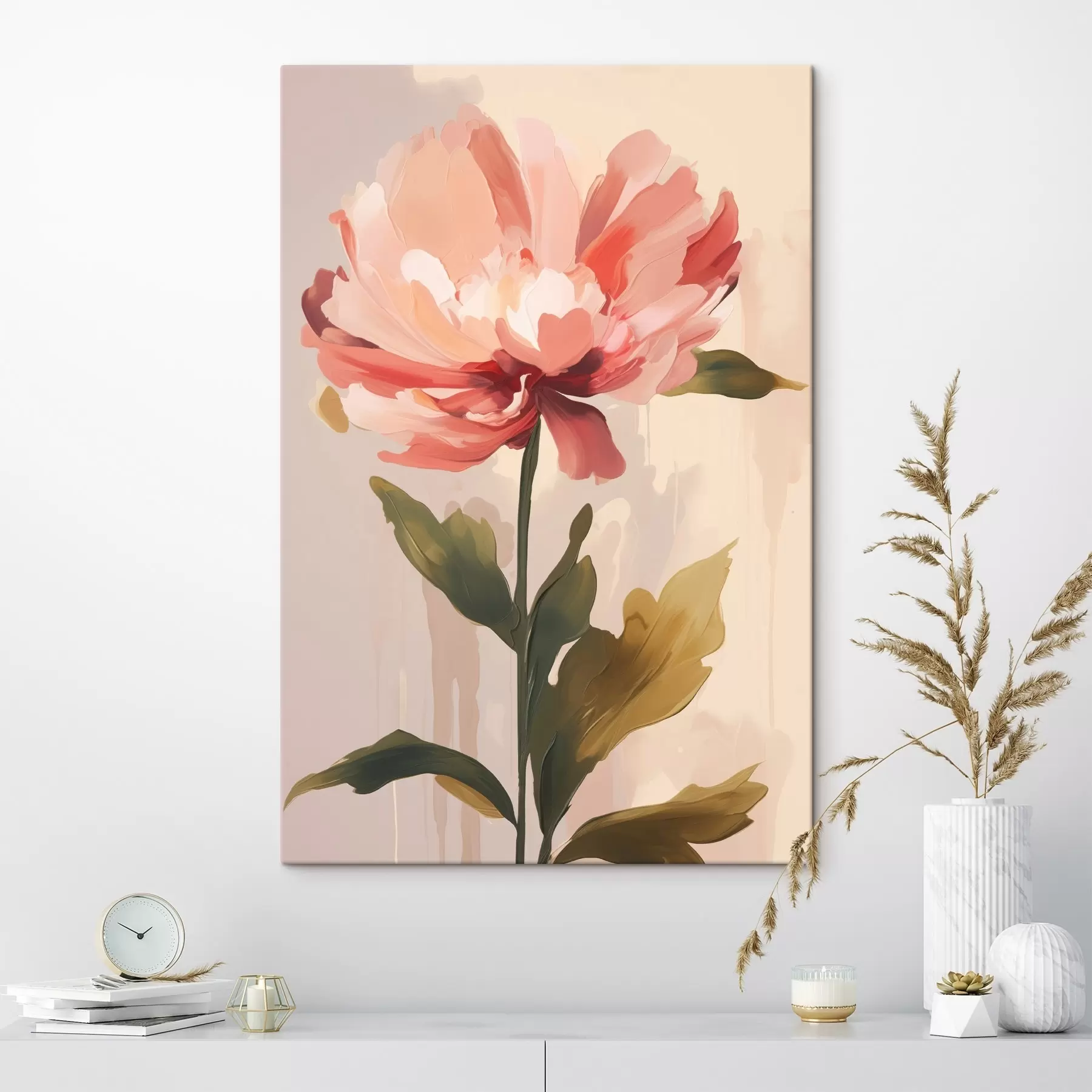 Glezna Peonija ar koraļļrozā ziedlapiņām modernā mākslas ilustrācijas stilā s46948