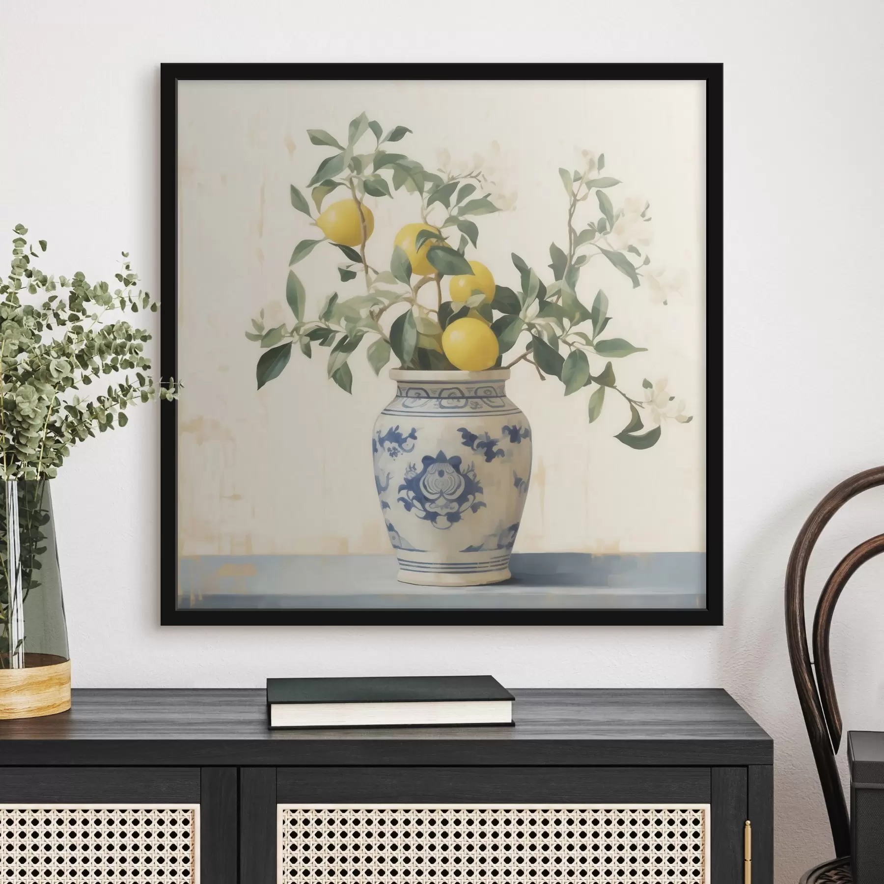 Fototapetes Citroni zils-balta keramikas vāzē eļļas gleznas stilā f46924
