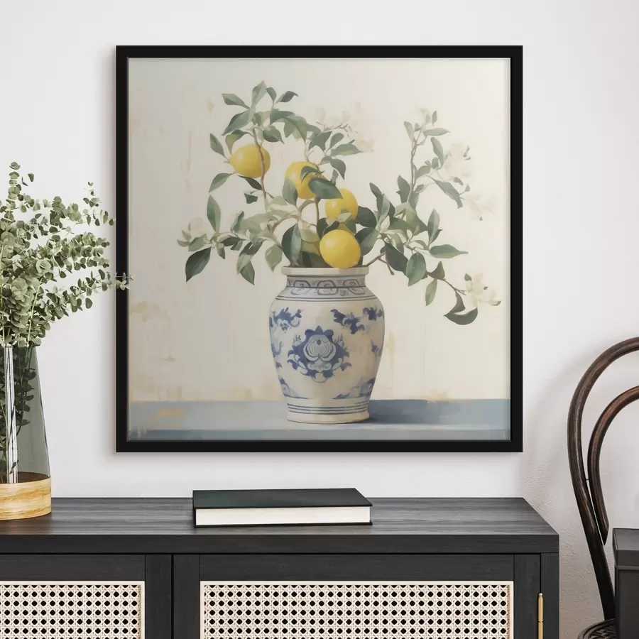 Fototapetes Citroni zils-balta keramikas vāzē eļļas gleznas stilā f46924