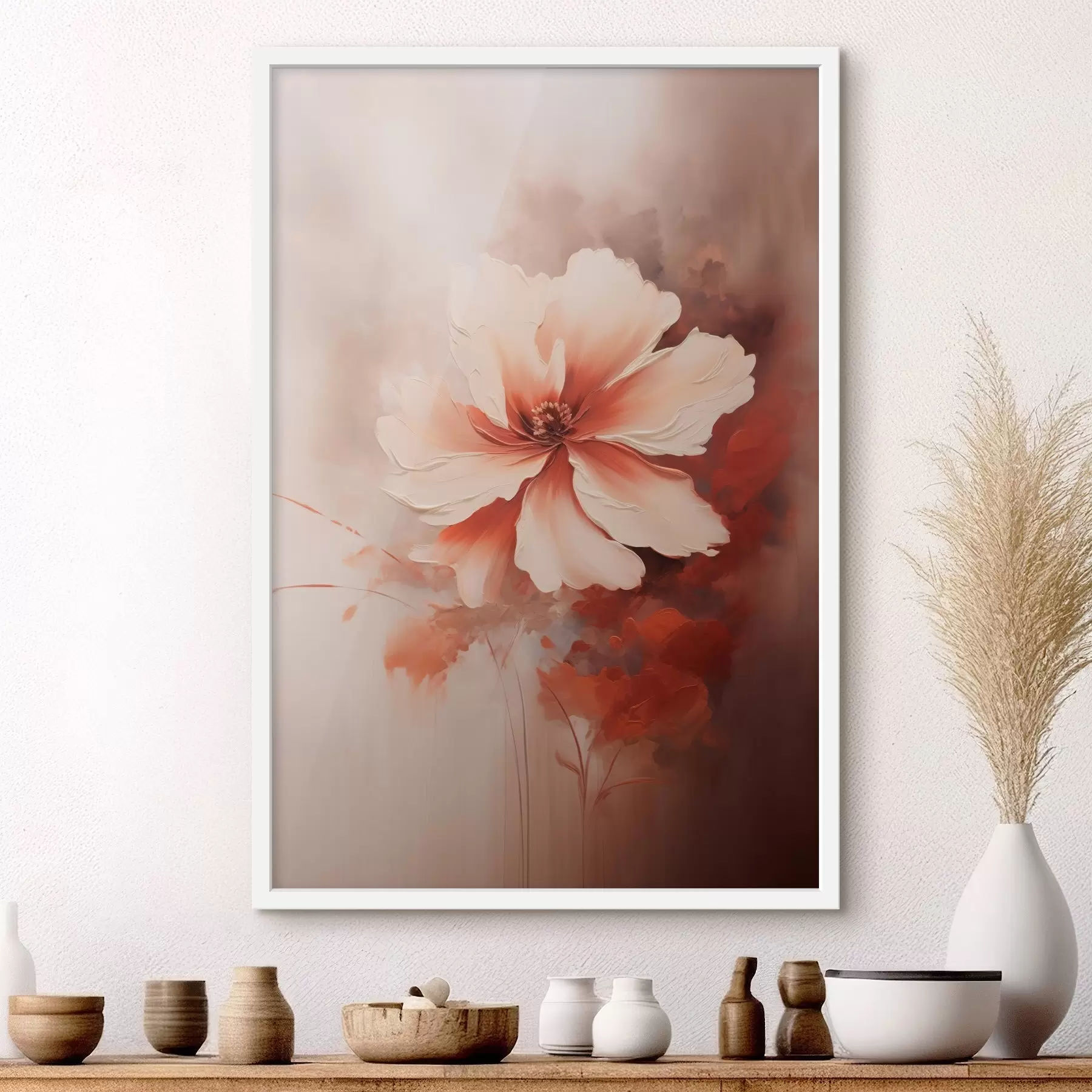 Fototapetes Delikāts balts koraļļu zieds uz izplūduša fona eļļas gleznas stilā f46938