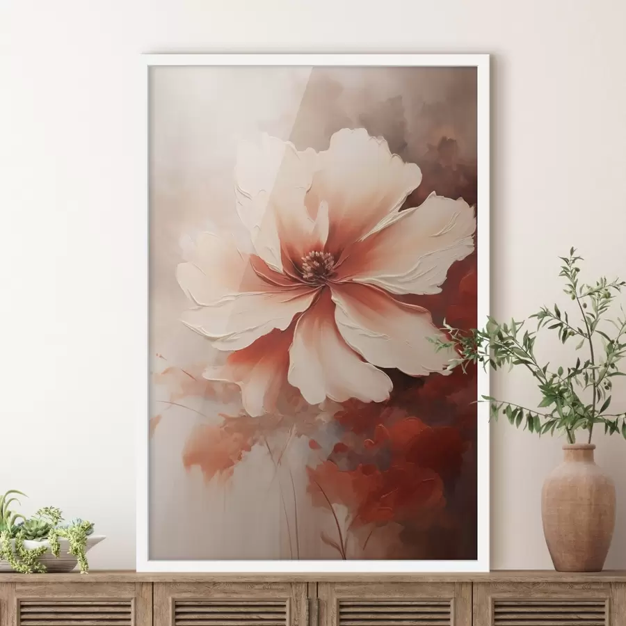 Fototapetes Tuvplāns ar balto koraļļu ziedu uz izplūduša fona eļļas gleznas stilā f46939