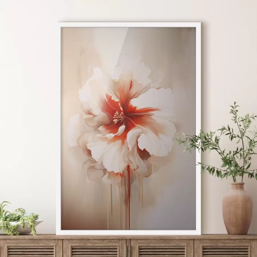 Fototapetes Baltas un sarkanas ziediņas ar puscaurspīdīgiem ziedlapiem un plūstošiem krāsas pilieniem f46940