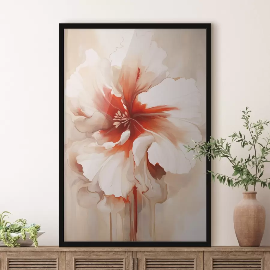 Fototapetes Tuva uzņēmuma balta un sarkana zieda ar puscaurspīdīgiem ziedlapiem un plūstošiem krāsas pilieniem f46941